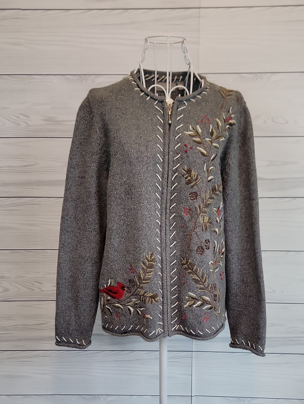 croft & barrow Cardigan Gray Embroidered Zip-Front Sweater Vintage 90s Size M